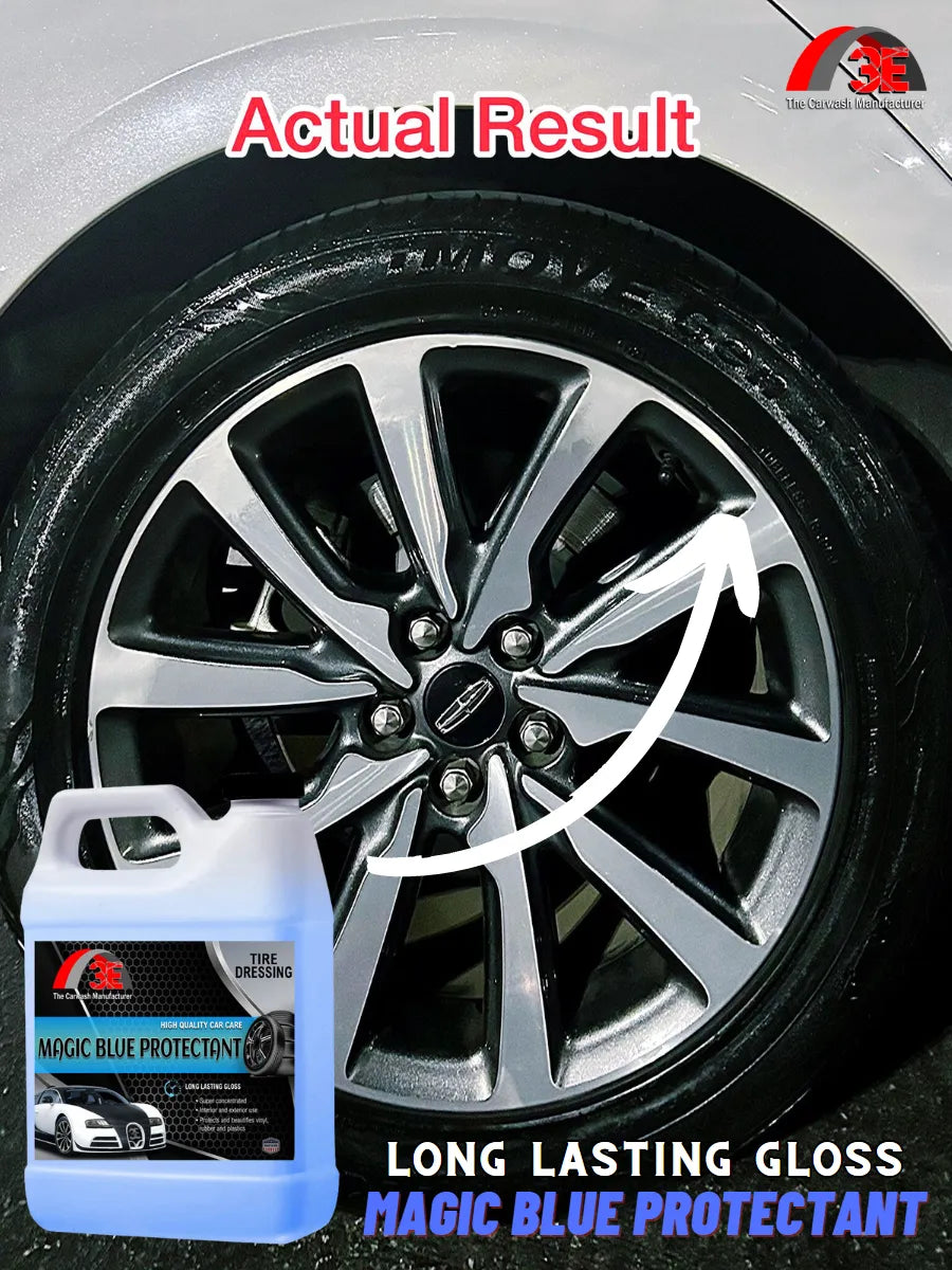 Magic Blue Protectant tire shine – silicone based high gloss tire dressing actual result for deep black tires.