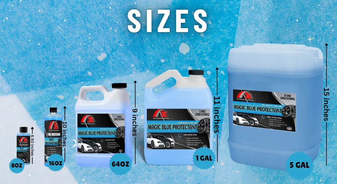 Magic Blue Protectant tire shine – silicone based high gloss tire dressing products in 8oz, 16oz, 64oz, 1 gallon, and 5 gallon.