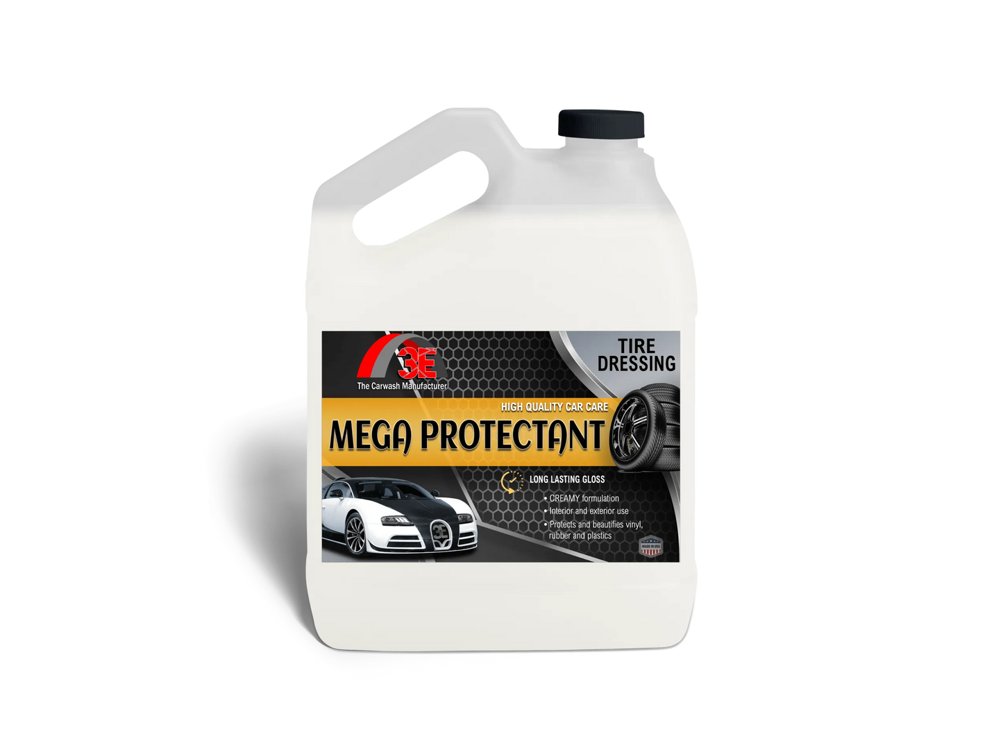 Mega Protectant tire shine 1 gallon – professional grade high gloss tire dressing for deep black tires and shine.