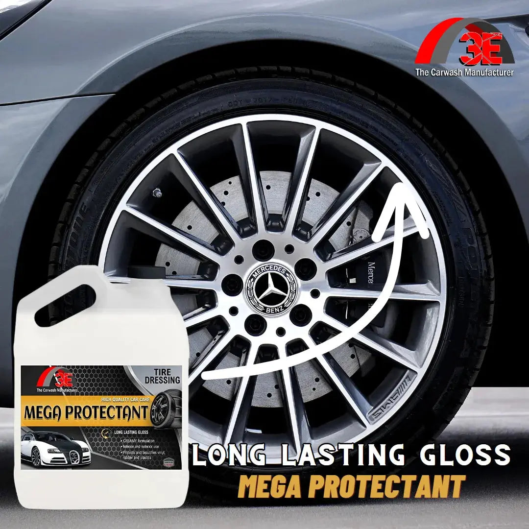 Mega Protectant tire shine – high gloss tire dressing for long lasting tire cleaning and deep black finish.