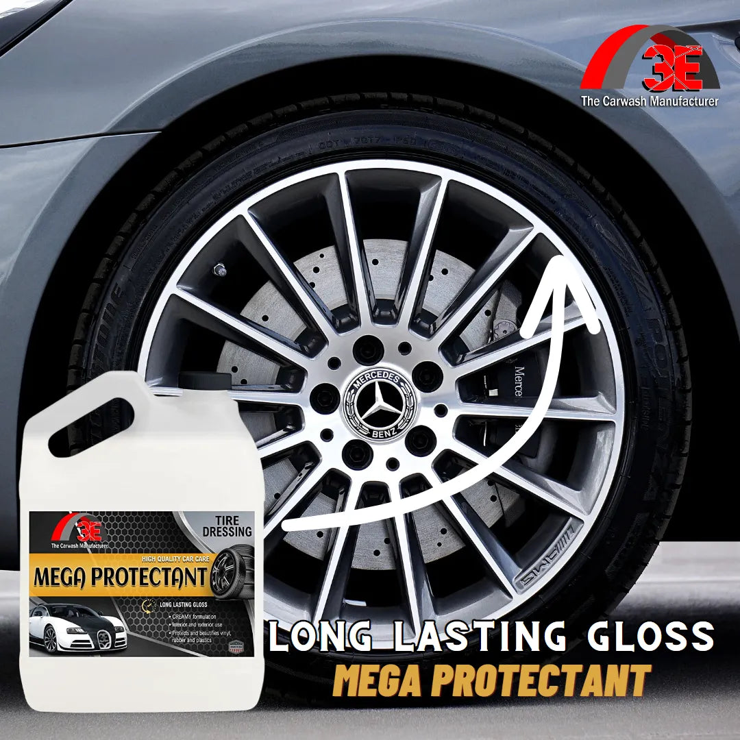 Mega Protectant tire shine – high gloss tire dressing for long lasting tire cleaning and deep black finish.