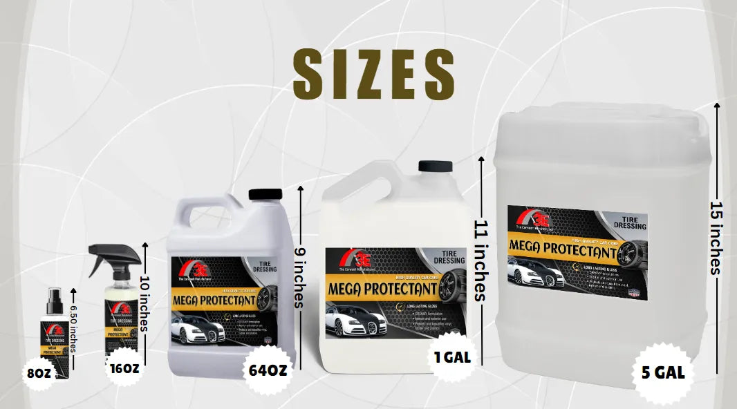 Mega Protectant tire shine – high gloss tire dressing products in 8oz, 16oz, 64oz, 1 gallon, and 5 gallon sizes.