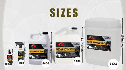 Mega Protectant tire shine – high gloss tire dressing products in 8oz, 16oz, 64oz, 1 gallon, and 5 gallon sizes.