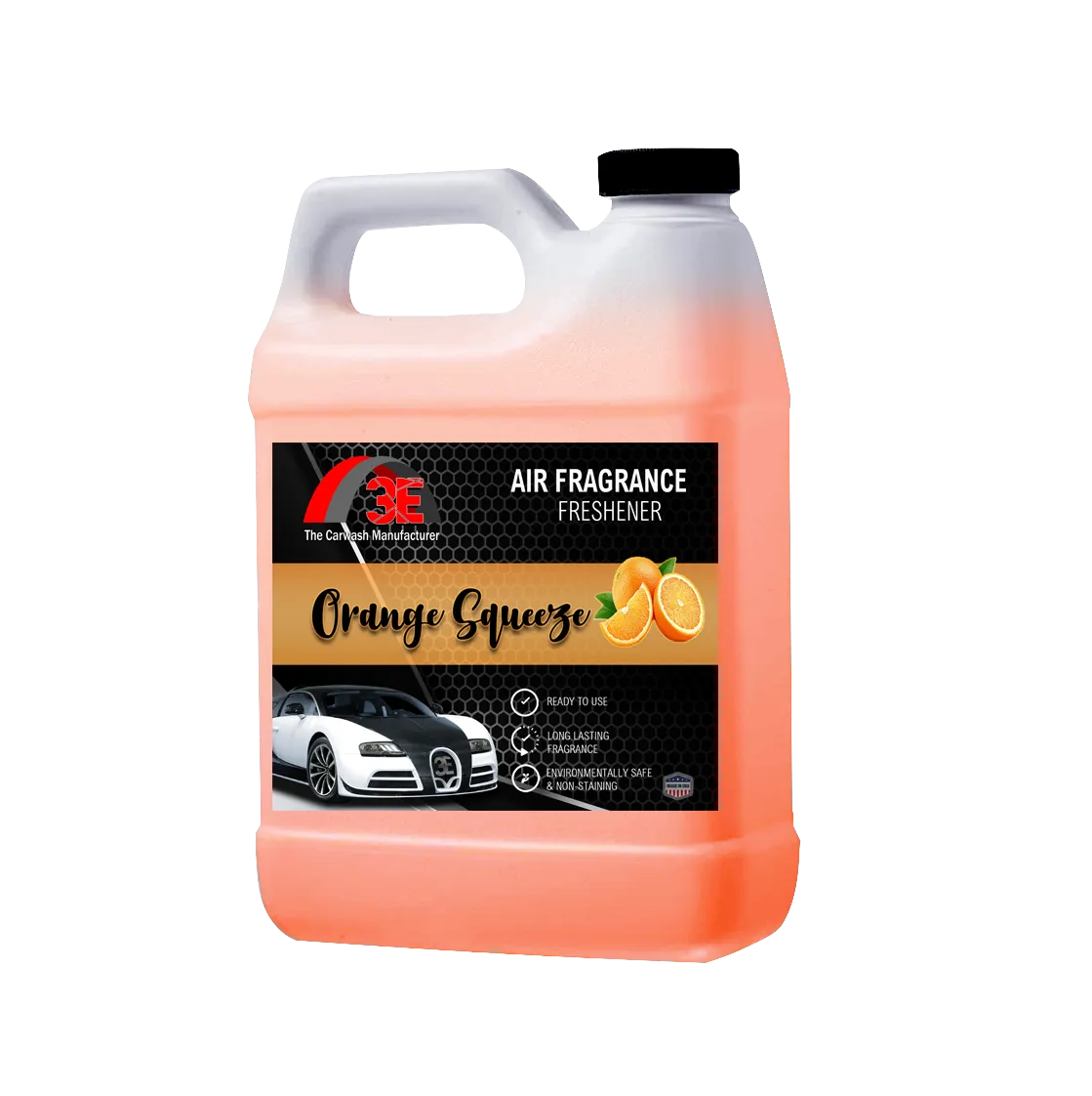 Orange Squeeze Air Freshener 64 oz bottle, long-lasting citrus odor eliminator for cars and interiors.