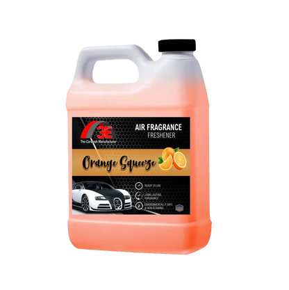 Orange Squeeze Air Freshener 64 oz bottle, long-lasting citrus odor eliminator for cars and interiors.