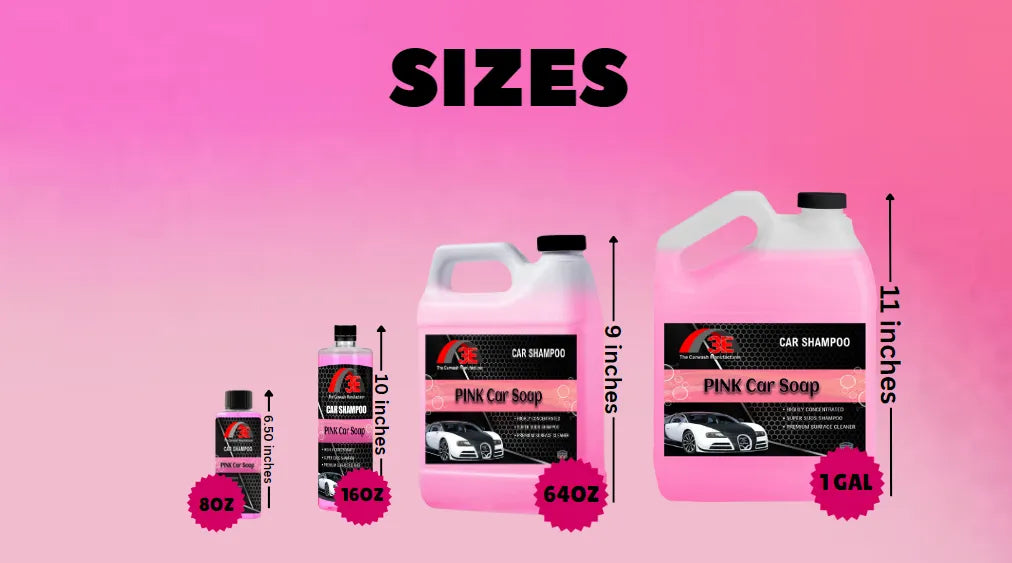 Pink Car Wash Soap size chart showing 8oz, 16oz, 64oz, and 1 gallon high foaming car shampoo with bubblegum scent.