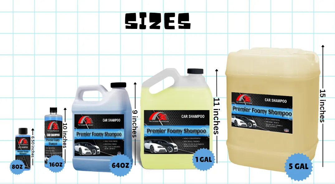 Premier Foamy Car Shampoo size chart showing 8oz, 16oz, 64oz, 1 gallon, and 5 gallon high foaming car wash soap.