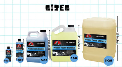 Premier Foamy Car Shampoo size chart showing 8oz, 16oz, 64oz, 1 gallon, and 5 gallon high foaming car wash soap.