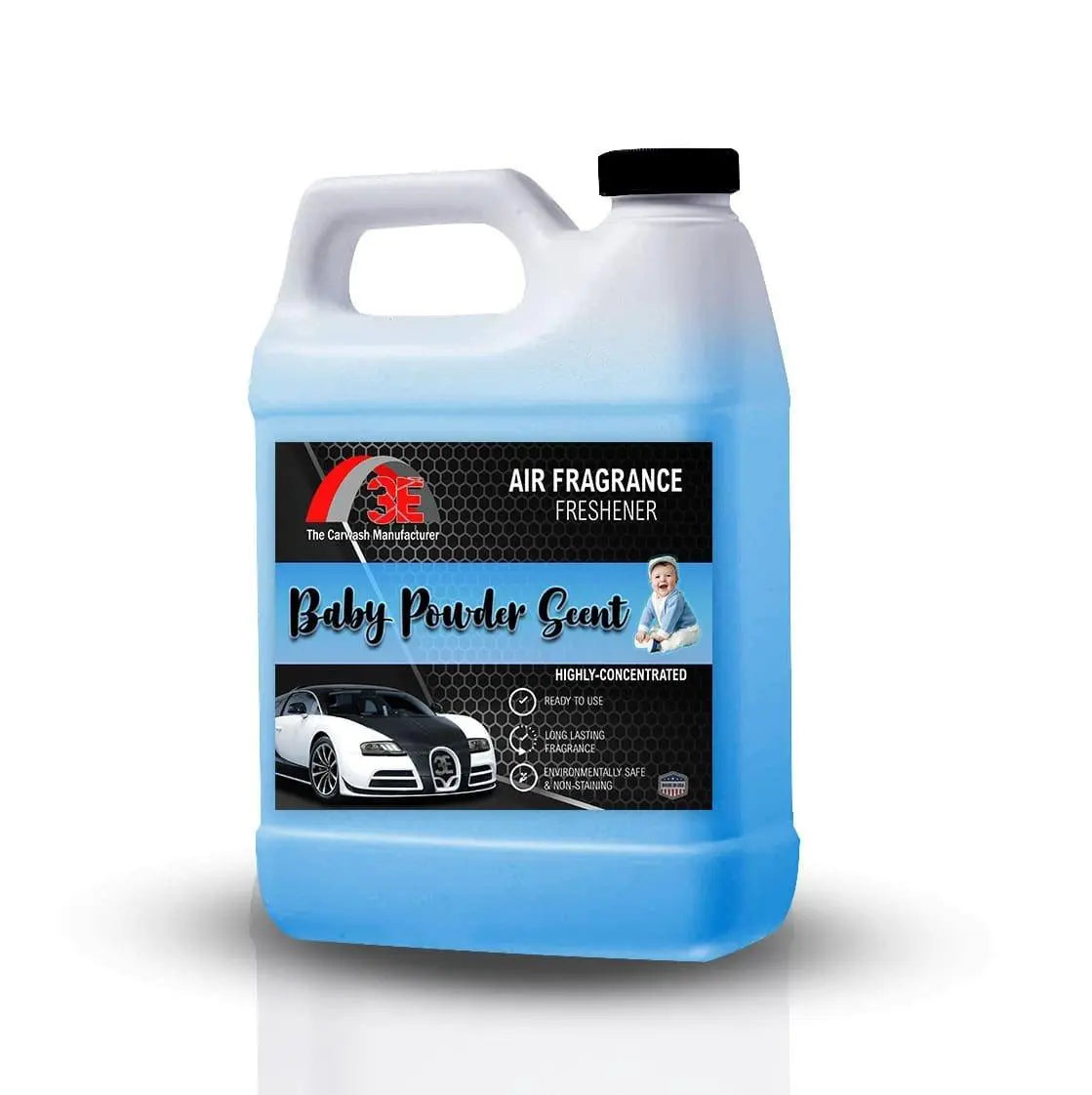 Side view of 3E The Carwash Manufacturer Baby Powder Air Freshener and Odor Neutralizer 64 oz container display image.