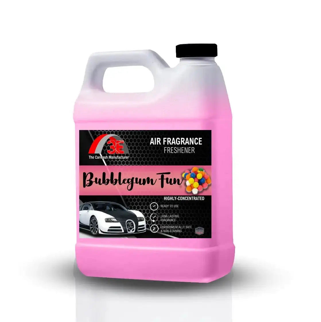 Side view of 3E The Carwash Manufacturer Bubblegum Fun Air Freshener and Odor Neutralizer 64oz container.