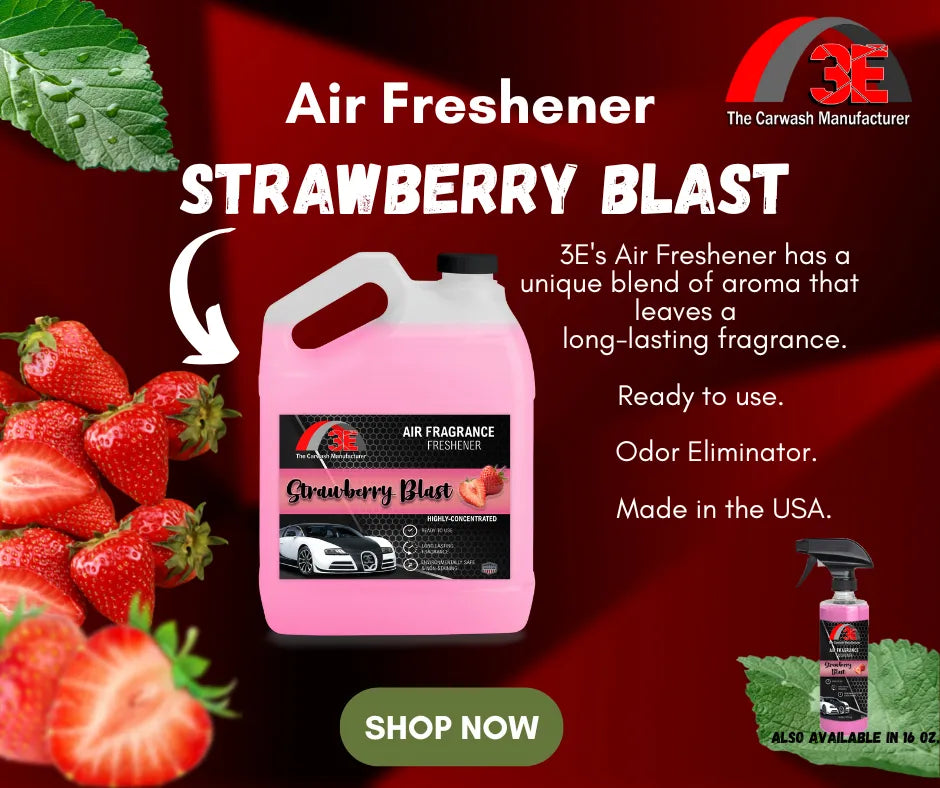 Strawberry Blast Air Freshener 1-gallon jug by 3E The Carwash Manufacturer – sweet scent, odor eliminator, long-lasting fragrance.