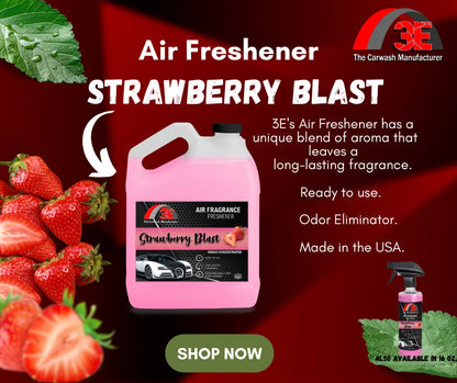 Strawberry Blast Air Freshener 1-gallon jug by 3E The Carwash Manufacturer – sweet scent, odor eliminator, long-lasting fragrance.