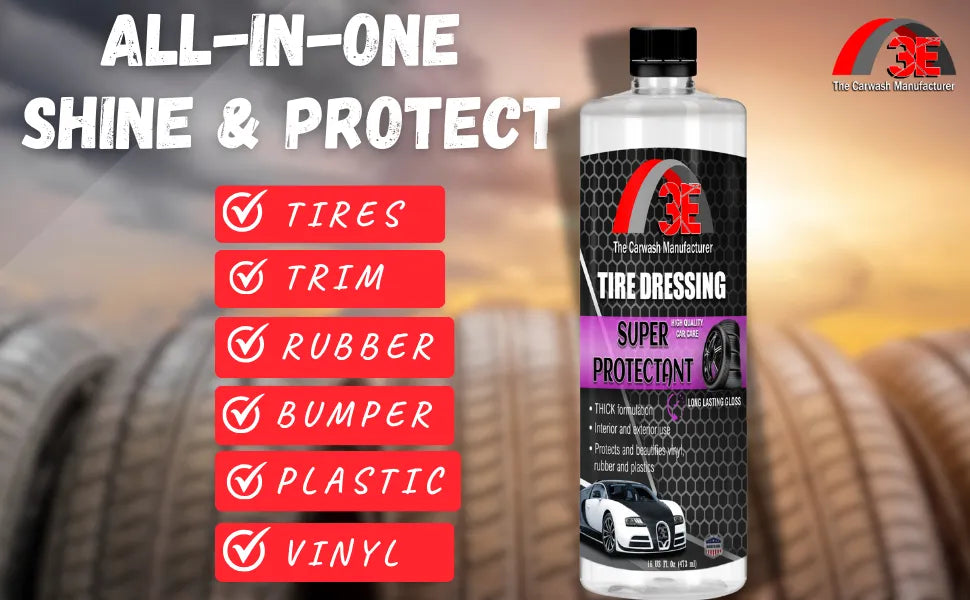 Super Protectant high gloss tire dressing – all-in-one tire shine for cleaning and protecting rubber, plastic, and vinyl.