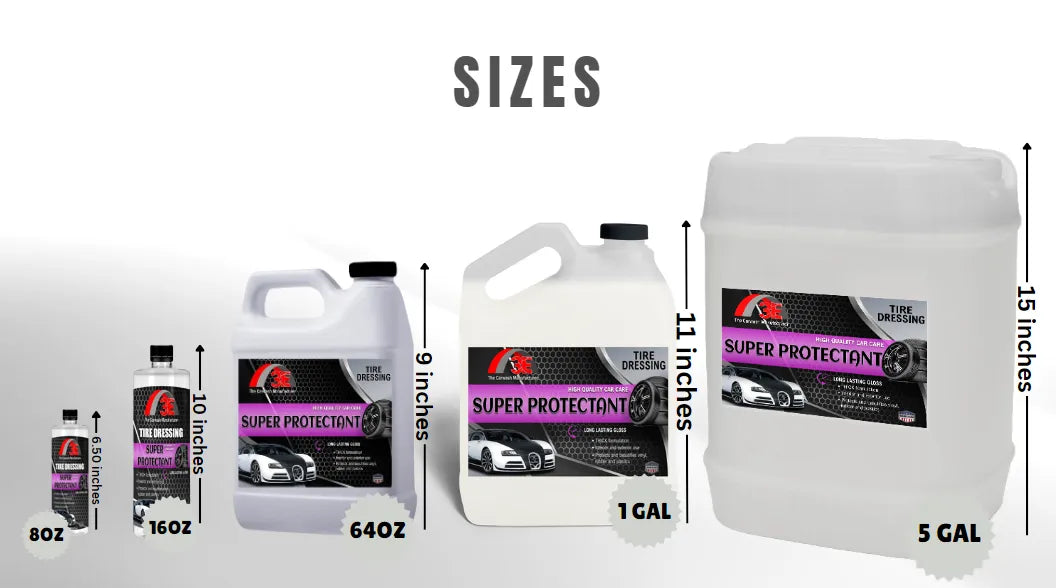 Super Protectant tire shine – silicone based high gloss tire dressing products in 8oz, 16oz, 64oz, 1 gallon, and 5 gallon.