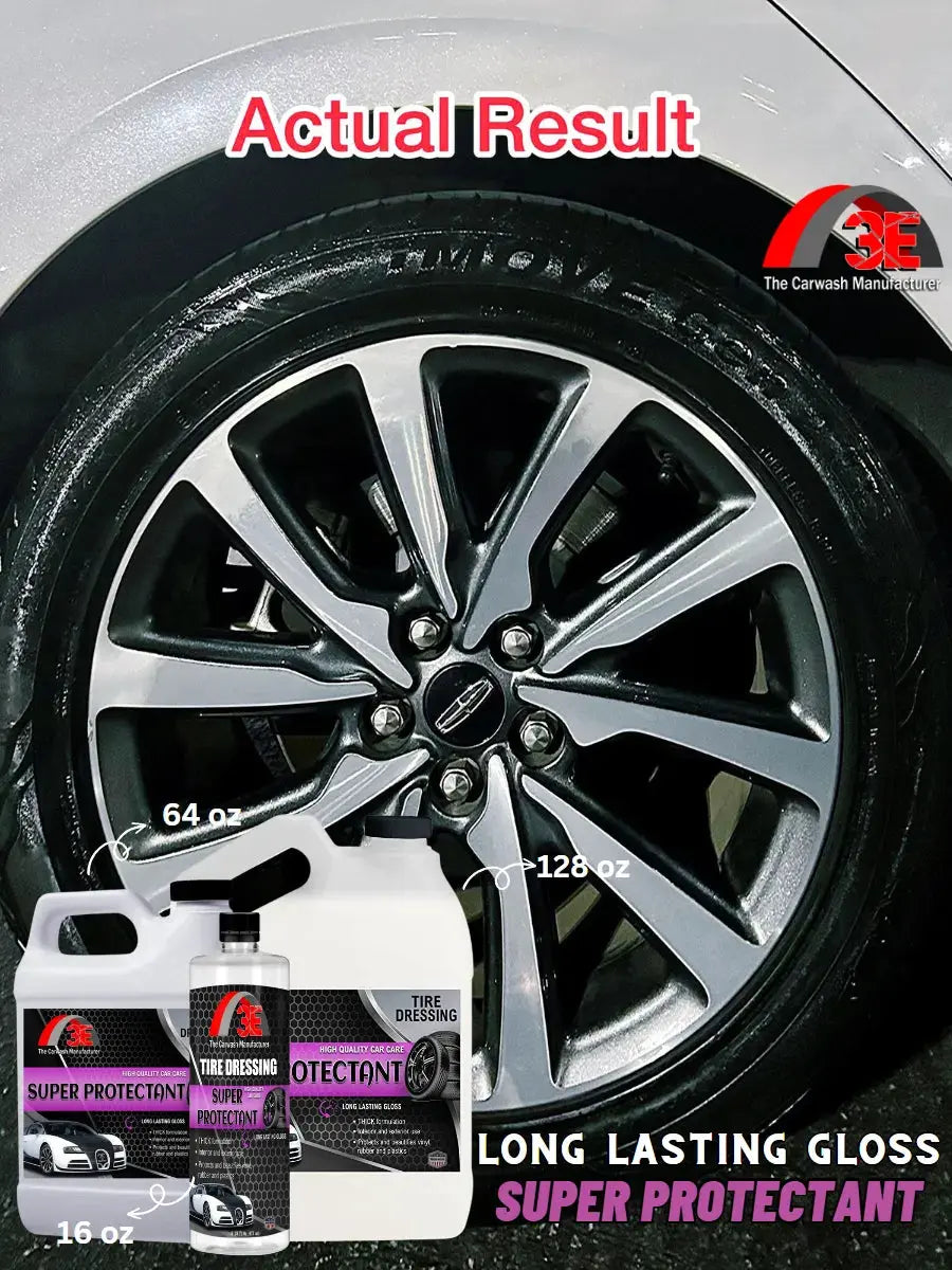 Super Protectant tire shine actual result – high gloss tire dressing with deep black showroom shine, 16oz to 1 gallon sizes.