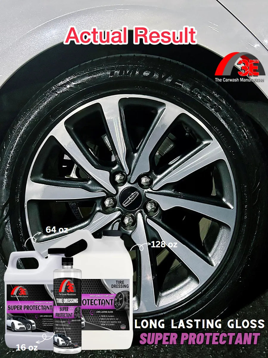 Super Protectant tire shine actual result – high gloss tire dressing with deep black showroom shine, 16oz to 1 gallon sizes.