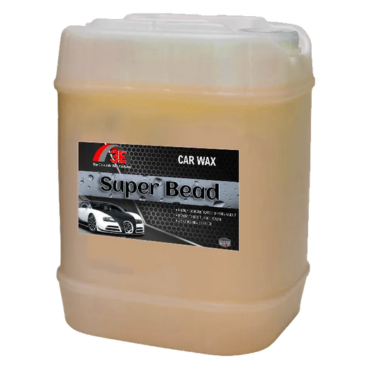 Super Bead 5 gallon car wax for automotive paint protection and water beading in car washes display images.
