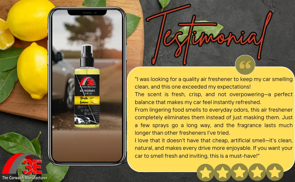 Fresh Lemon Air Freshener 1-gallon shown as versatile odor eliminator for home, car, office, and bathroom spaces.