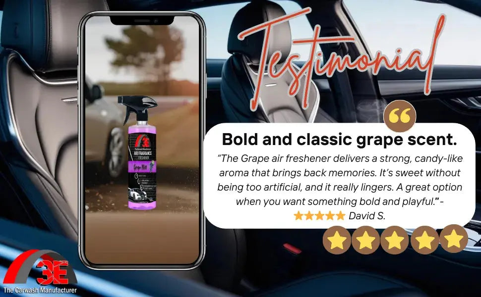 Testimonial for Grape Mist Air Freshener & Odor Eliminator highlighting bold grape scent and 5-star review.