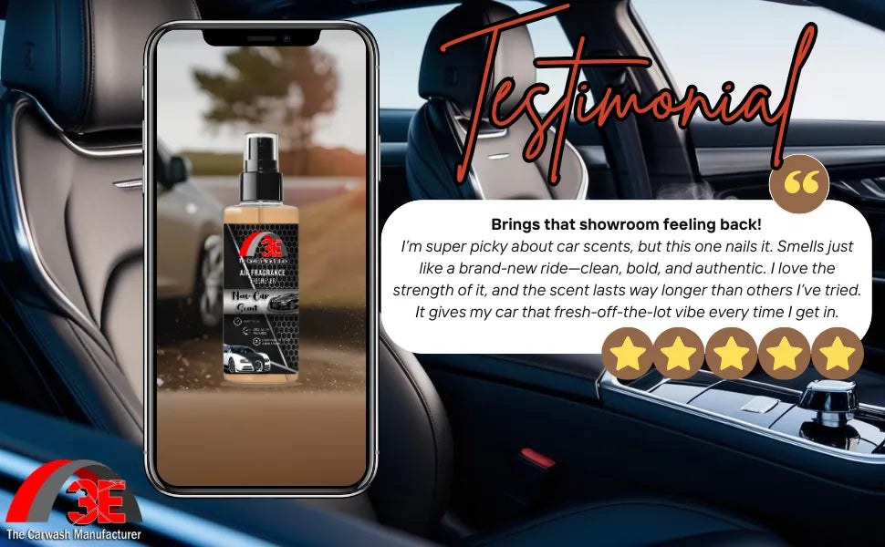 Testimonial for New Car Scent Air Freshener highlighting long-lasting, bold fragrance that feels like a brand-new ride.