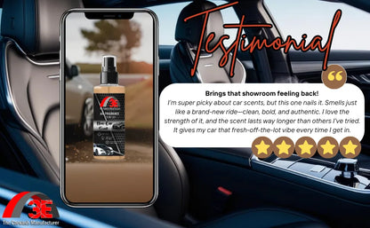 Testimonial for New Car Scent Air Freshener highlighting long-lasting, bold fragrance that feels like a brand-new ride.