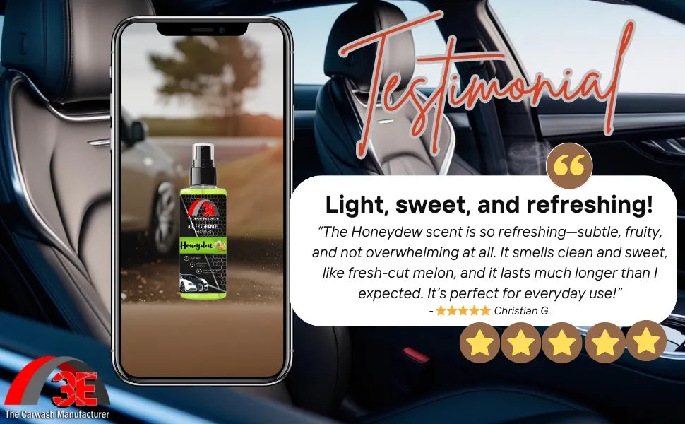 Testimonial graphic for Honeydew Air Freshener, showing 4oz bottle with review praising light, sweet, refreshing melon scent.