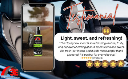 Testimonial graphic for Honeydew Air Freshener, showing 4oz bottle with review praising light, sweet, refreshing melon scent.