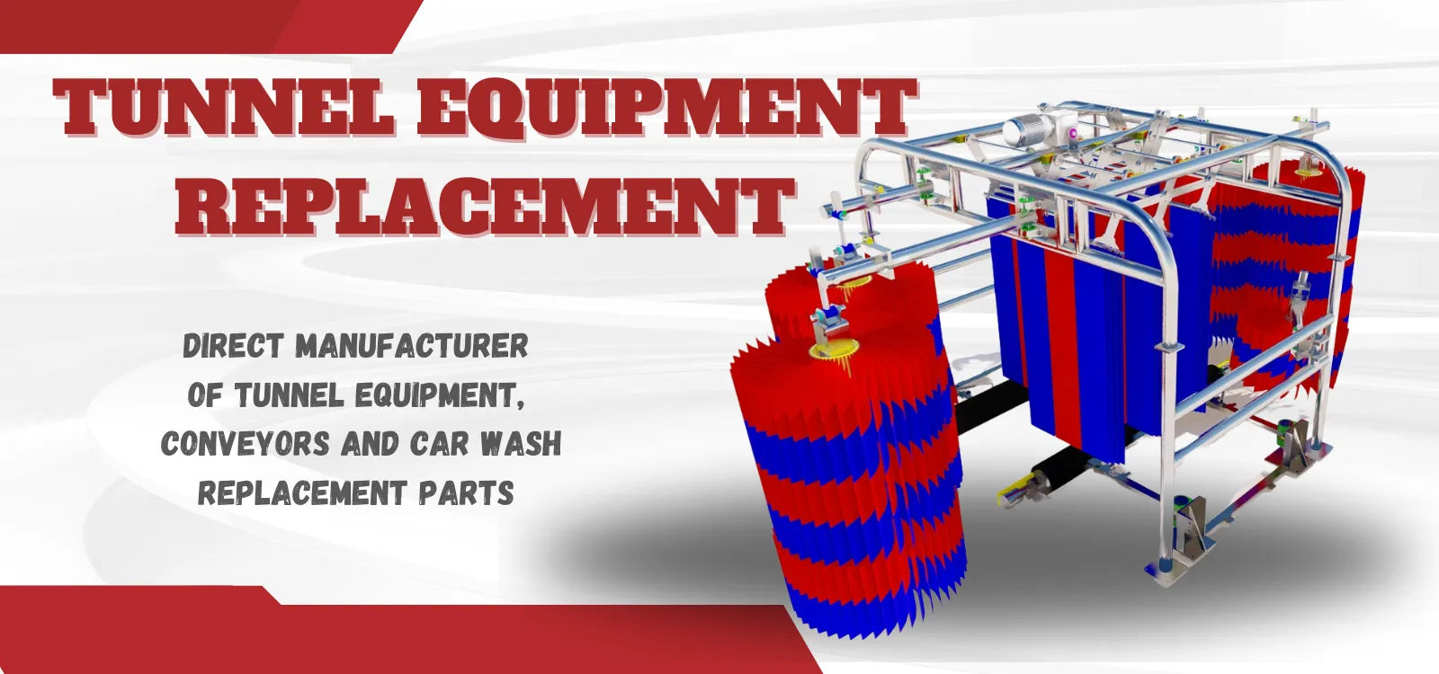 Tunnel car wash equipment replacement with brushes and conveyors, direct from car wash manufacturer.