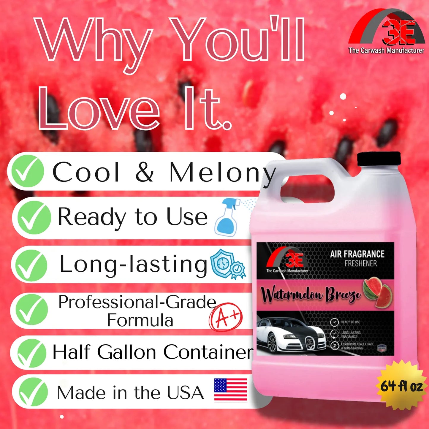 Watermelon Breeze Air Freshener 64 oz half-gallon container by 3E The Carwash Manufacturer – long-lasting, cool melon scent, professional-grade odor eliminator.