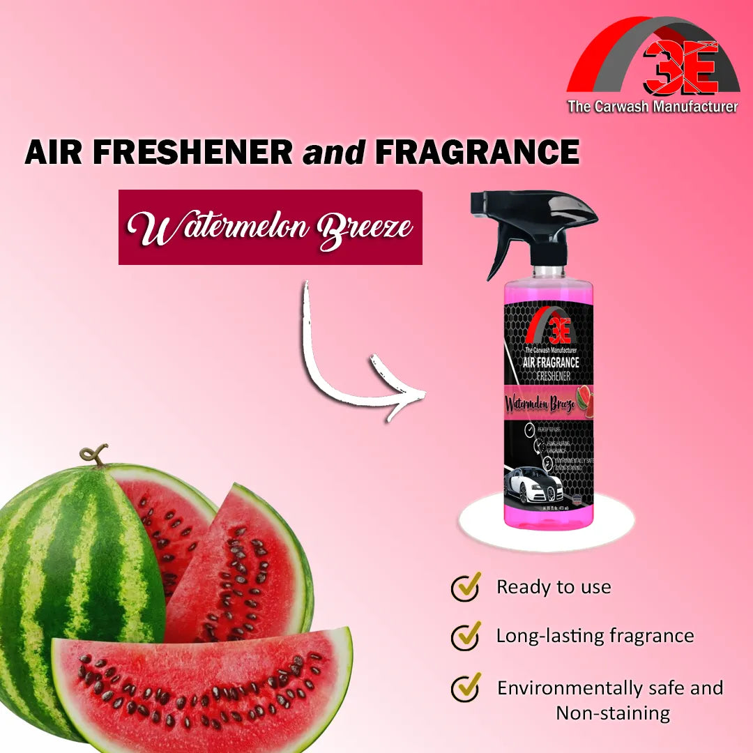 Watermelon Breeze Air Freshener by 3E The Carwash Manufacturer – spray bottle with fresh watermelon slices, highlighting ready-to-use, long-lasting, and eco-friendly fragrance.
