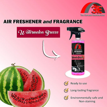 Watermelon Breeze Air Freshener by 3E The Carwash Manufacturer – spray bottle with fresh watermelon slices, highlighting ready-to-use, long-lasting, and eco-friendly fragrance.