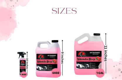 Watermelon Breeze Air Freshener size options – 16 oz spray bottle, 64 oz container, and 1 gallon jug, long-lasting odor eliminator by 3E The Carwash Manufacturer.