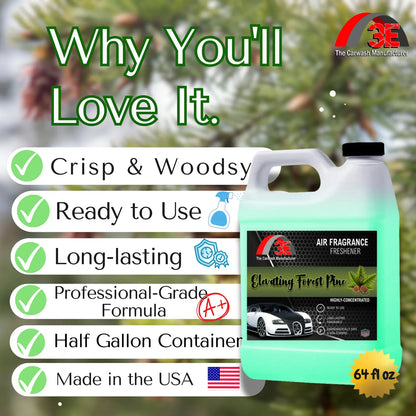 Why You’ll Love It graphic for Elevating Forest Pine Air Freshener 64oz highlighting crisp scent, long-lasting, pro-grade formula.