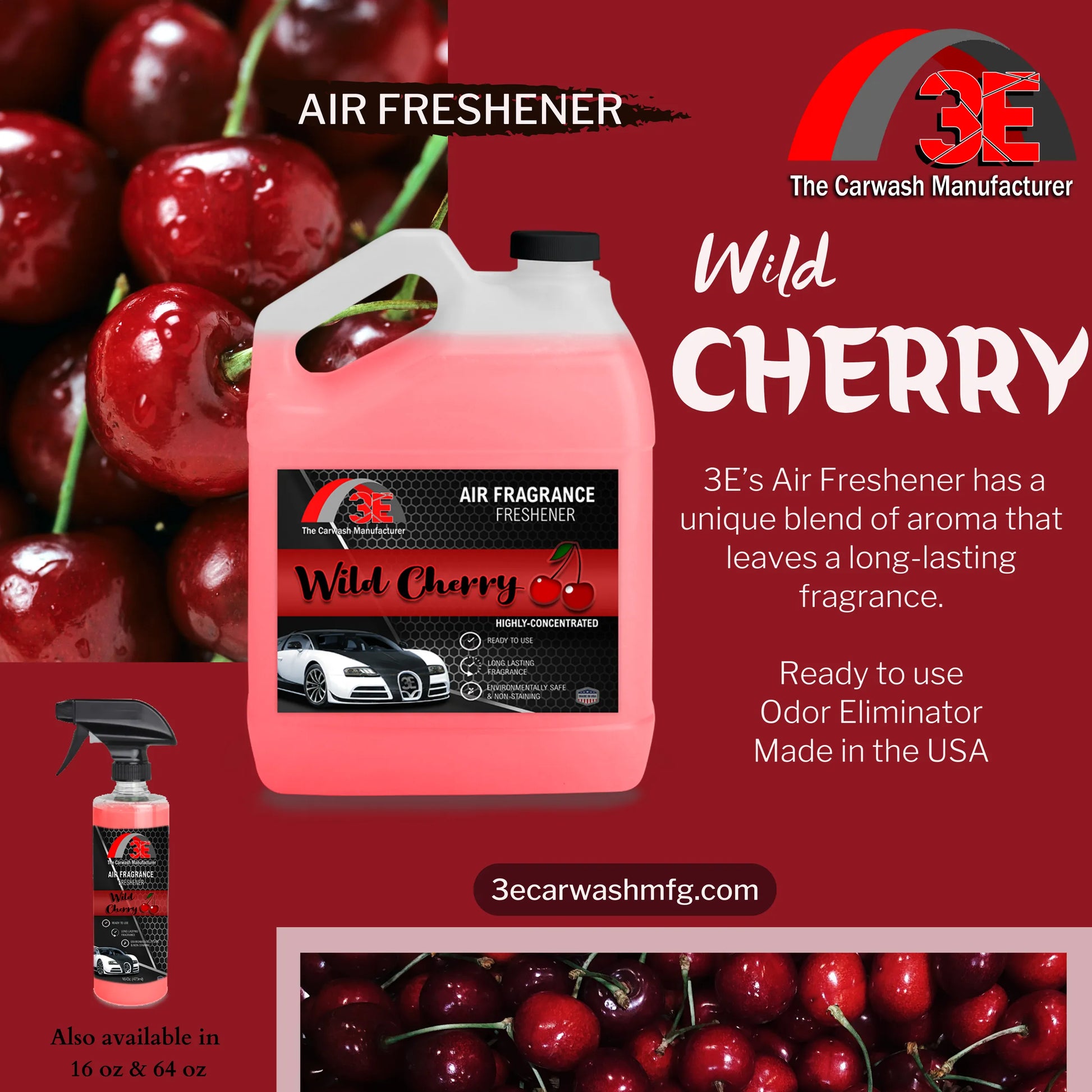 Wild Cherry Car Air Freshener by 3E – 1 gallon jug with cherries background, long-lasting odor eliminator, also available in 16 oz and 64 oz sizes.