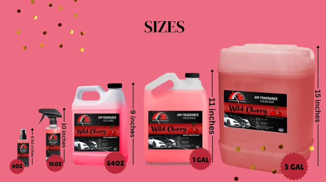 Wild Cherry Car Air Freshener size options – 4oz, 16oz, 64oz, 1 gallon, and 5 gallon containers.