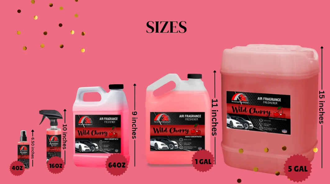 Wild Cherry Car Air Freshener size options – 4oz, 16oz, 64oz, 1 gallon, and 5 gallon containers.
