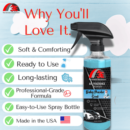Bottle of 3E Baby Powder Air Freshener spray for cars and homes