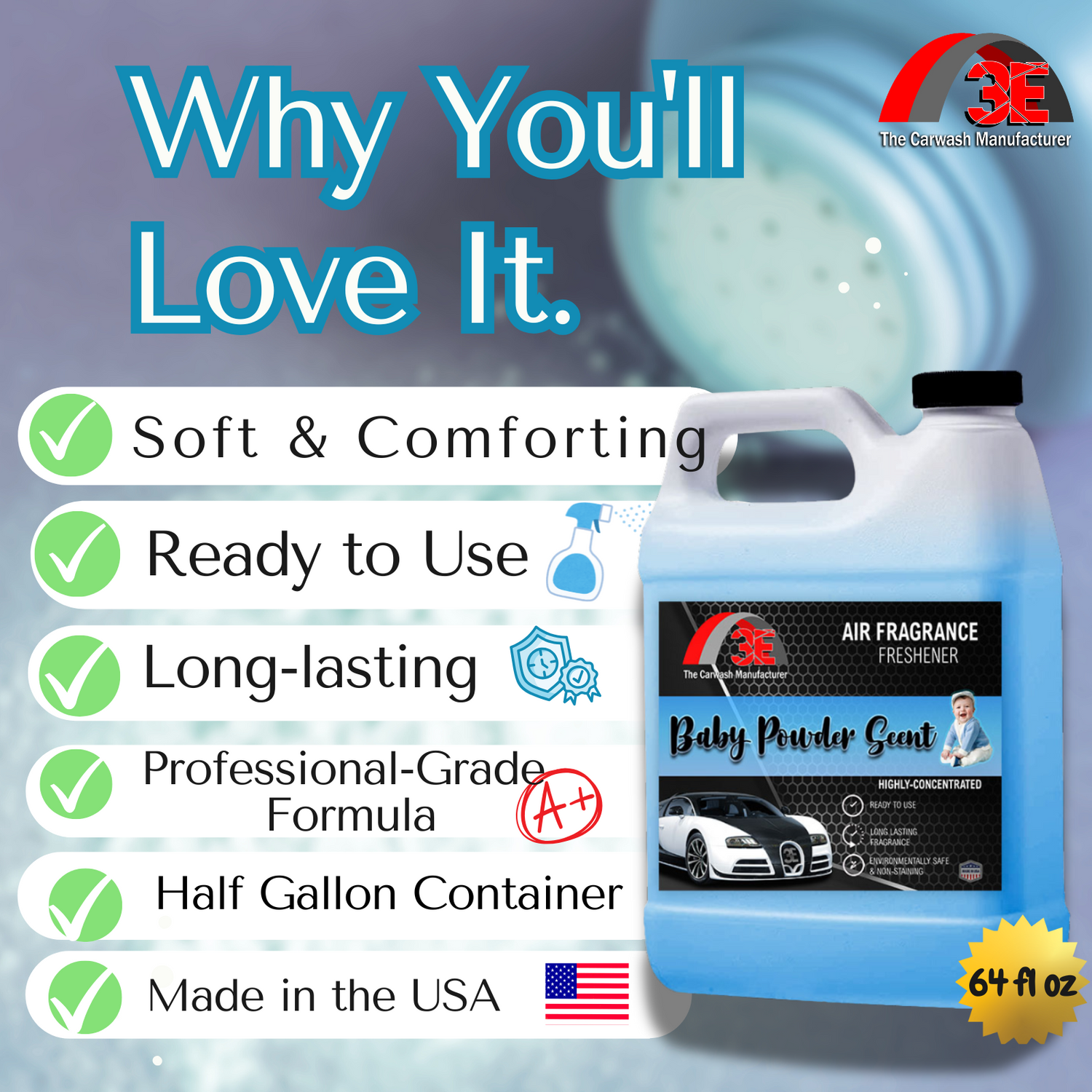 Air fragrance freshener container with features listed and a visible brand logo.