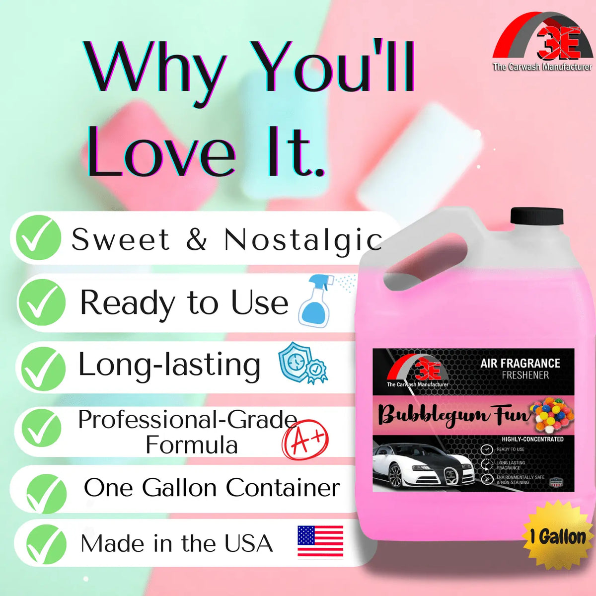 Pink air fragrance bottle with text listing features on a colorful background
