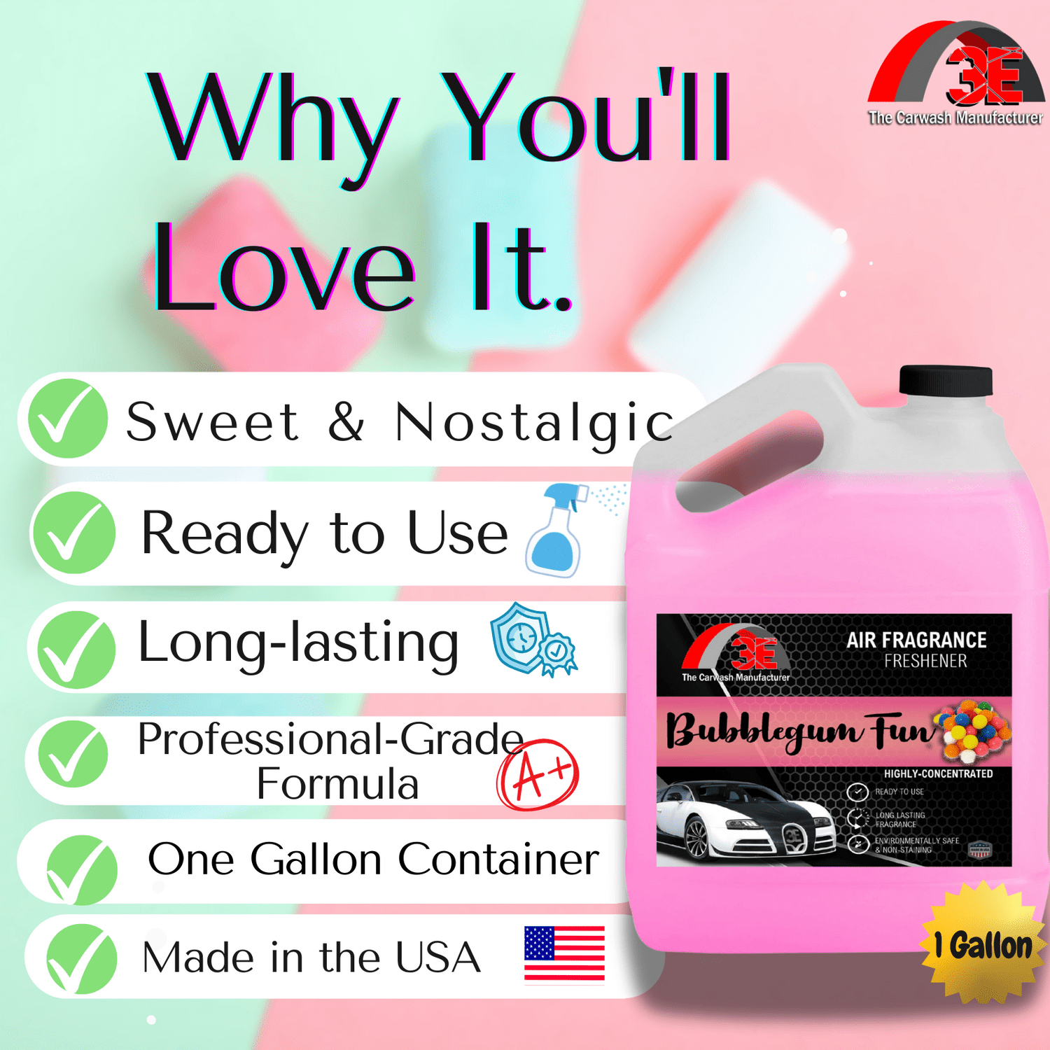 Pink air fragrance bottle with text listing features on a colorful background