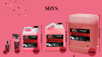 Comparison of 4oz, 16oz, 64 oz, 1 gallon, and 5 gallon Wild Cherry Air Freshener bottles with red cherry-themed labels. The 4 oz is 6.5 inches bottle, 16 oz bottle spray is 10 inches tall, 64 oz bottle is 9 inches tall, the 1-gallon bottle is 11 inches tall, and the 5-gallon pail is 15 inches tall, clearly labeled to show size differences