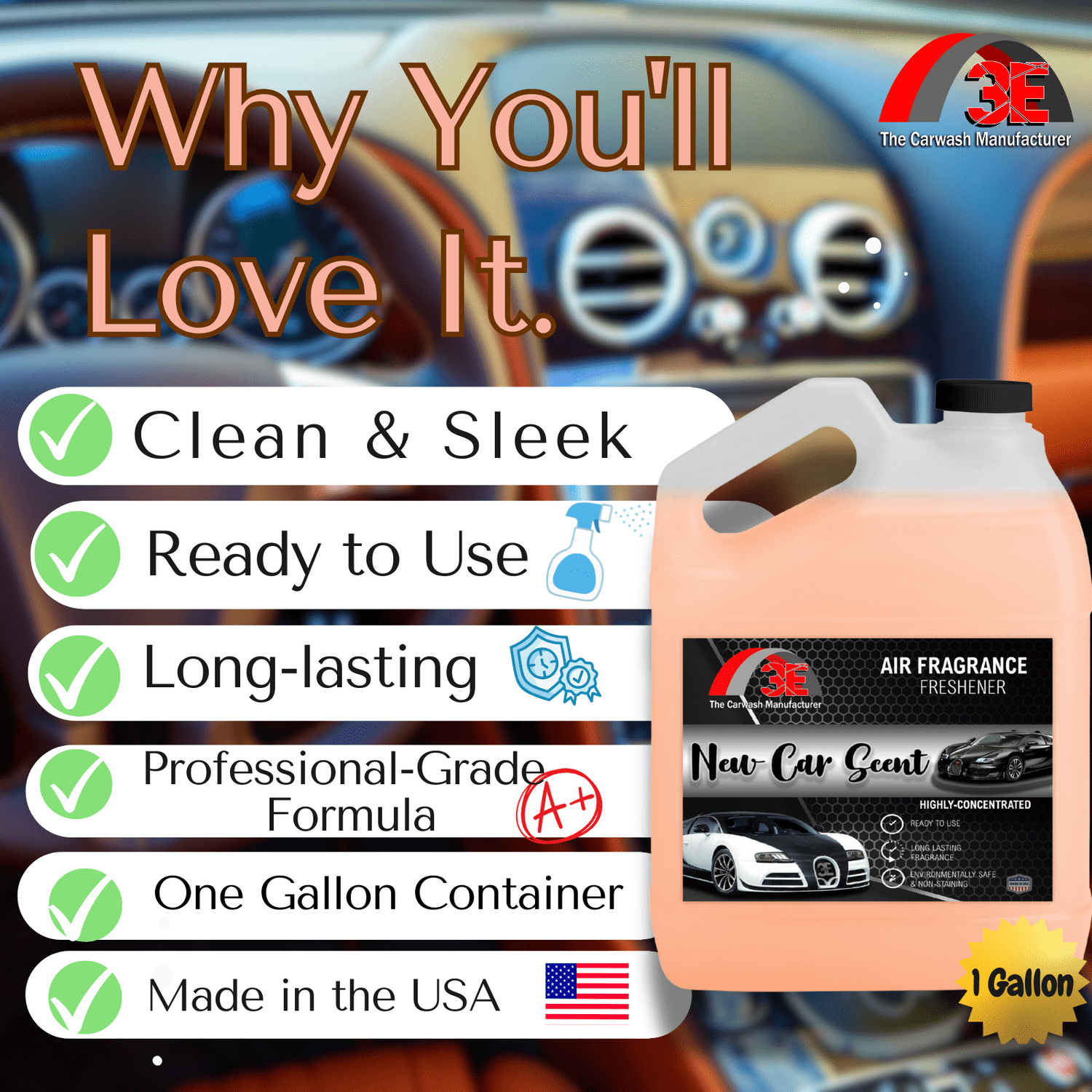 1 gallon new car smell for Car and home air freshener container with features listed and a car interior background