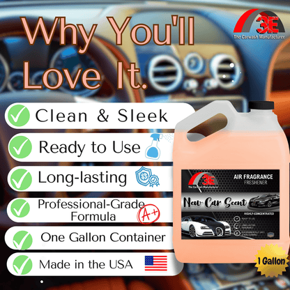 1 gallon new car smell for Car and home air freshener container with features listed and a car interior background