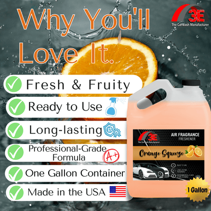Orange-scented air freshener container with product features listed and a car wash manufacturer logo.