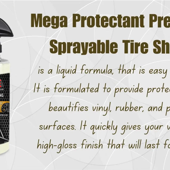 Mega Protectant tire shine video – high gloss tire dressing spray for deep black tires and lasting protection.