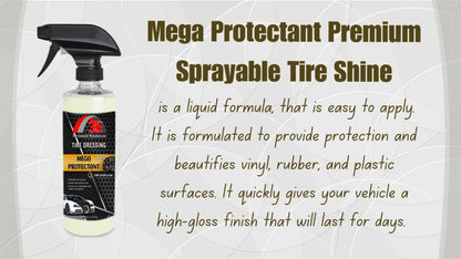 Mega Protectant tire shine video – high gloss tire dressing spray for deep black tires and lasting protection.