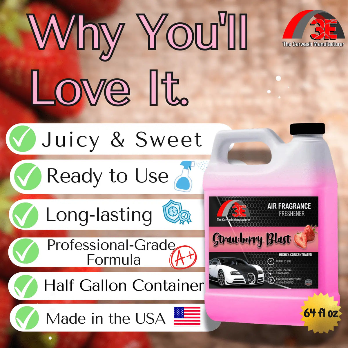 Strawberry Blast Air Freshener – Long-Lasting Sweet Scent & Odor Eliminator 3E The Carwash Manufacturer