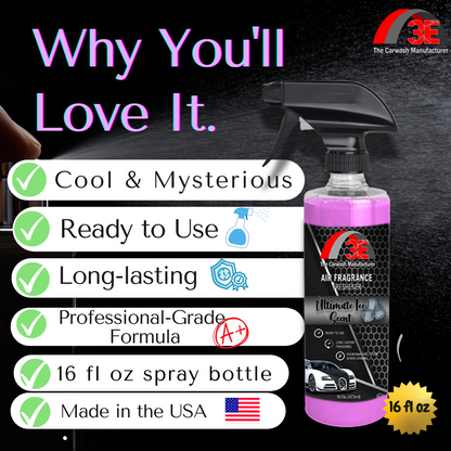 Car air fragrance product with features listed on a dark background