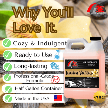 Luxurious Vanilla 64 oz Air fragrance freshener container with features listed and a car wash background.